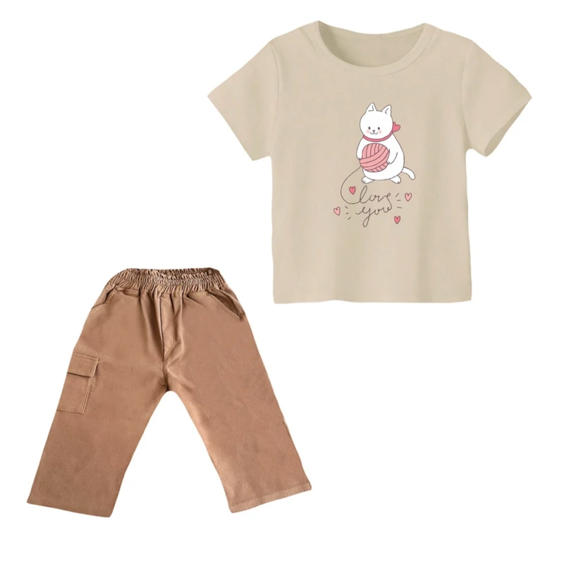 ست تی شرت و شلوارک دخترانه مدل گربه کد ۲۶ رنگ کرم