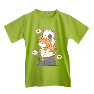 تی شرت آستین کوتاه پسرانه مدل گربه های بامزه رنگ فسفری
