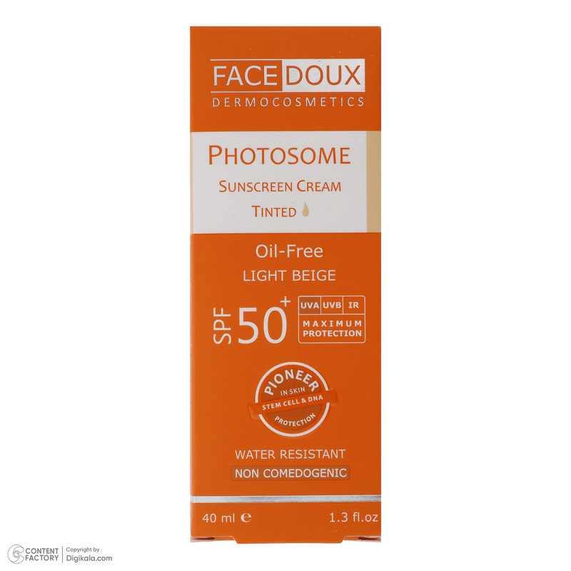 کرم ضد آفتاب رنگی فیس دوکس، SPF 50، مدل فتوزوم، مناسب انواع پوست با تنالیته روشن و حجم 40 میلی‌لیتر، غیر کومدون‌زا، ضد آب، محافظت‌کننده در برابر اشعه‌های UVA و UVB، دارای فرمولاسیون فاقد چربی، با ماندگاری 2 ساعته