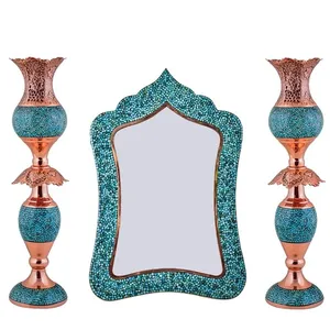 ست 3 تکه آینه و شمعدان فیروزه کوبی مسی مدل F033-4 کد F024-2