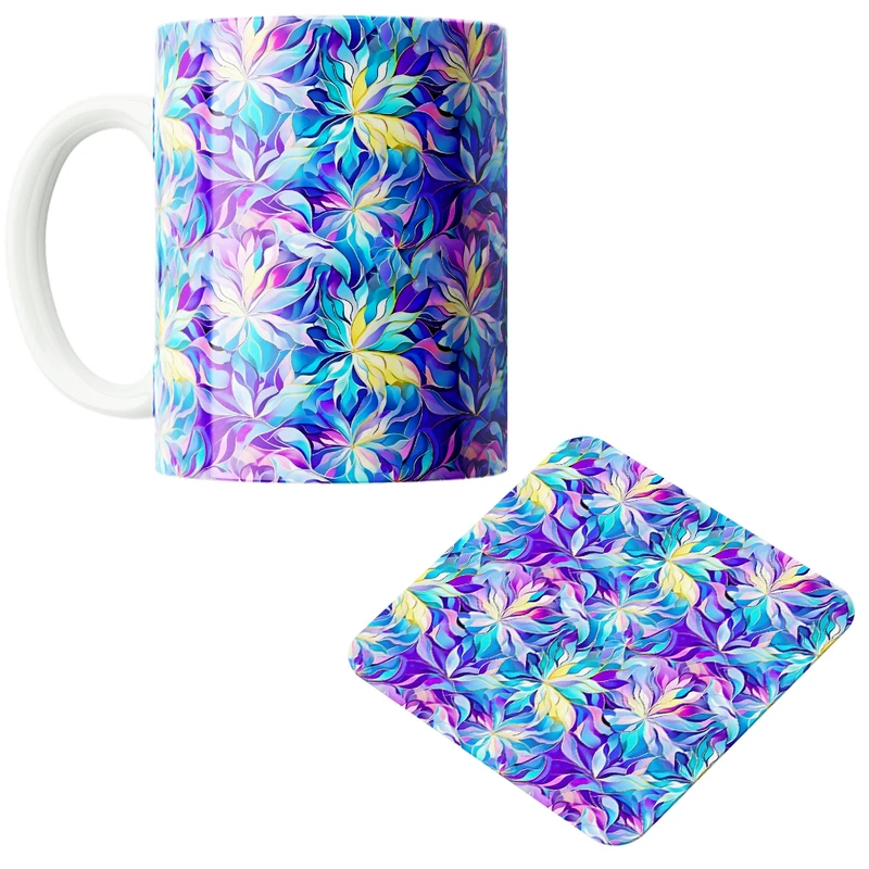 ماگ پاد آفرین مدل بهار طرح گل و برگ کد PZ543 به همراه زیرلیوانی