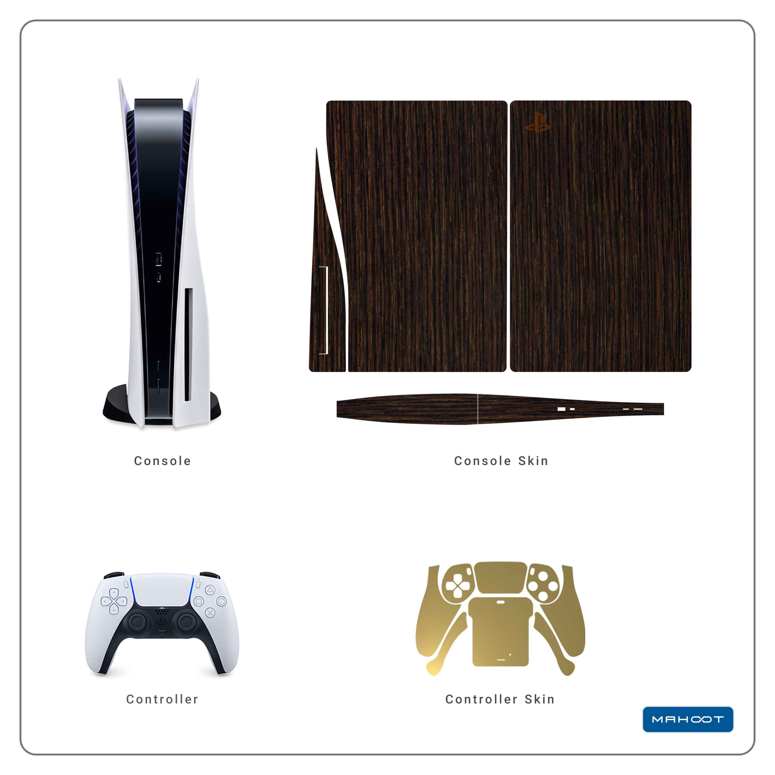 برچسب کنسول و دسته بازی PS5 ماهوت مدل Dark Gold Stripes Wood MatteGold