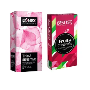 کاندوم بونکس مدل Thin & Sensitive بسته 12 عددی به همراه کاندوم بست لایف مدل Fruity بسته 12 عددی