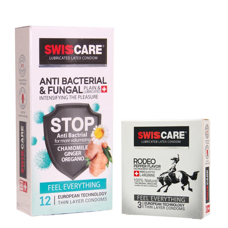 کاندوم سوئیس کر مدل ANTI BACTERIAL بسته 12عددی به همراه کاندوم سوئیس کر مدل RODEO بسته 3 عددی 