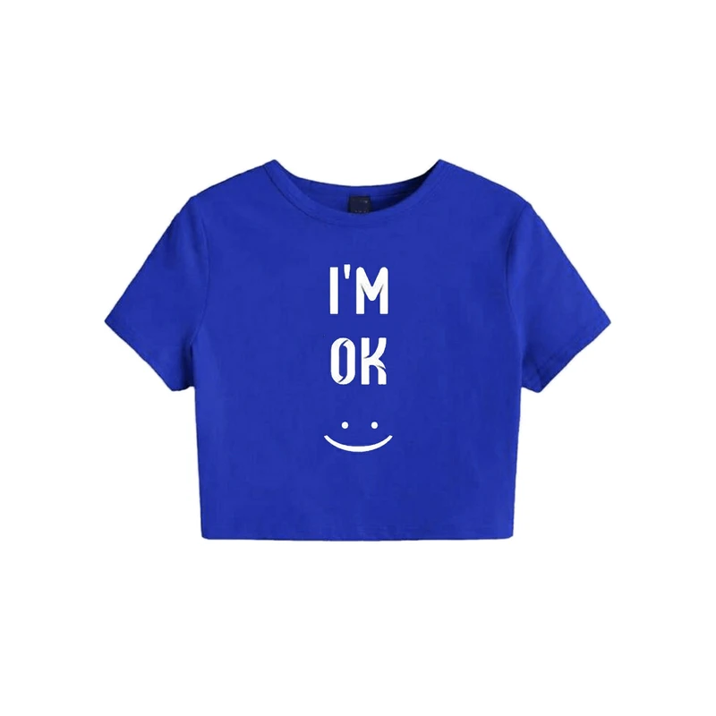 کراپ‌ تی‌شرت آستین کوتاه زنانه مدل Cc9 آبی نفتی طرح OK