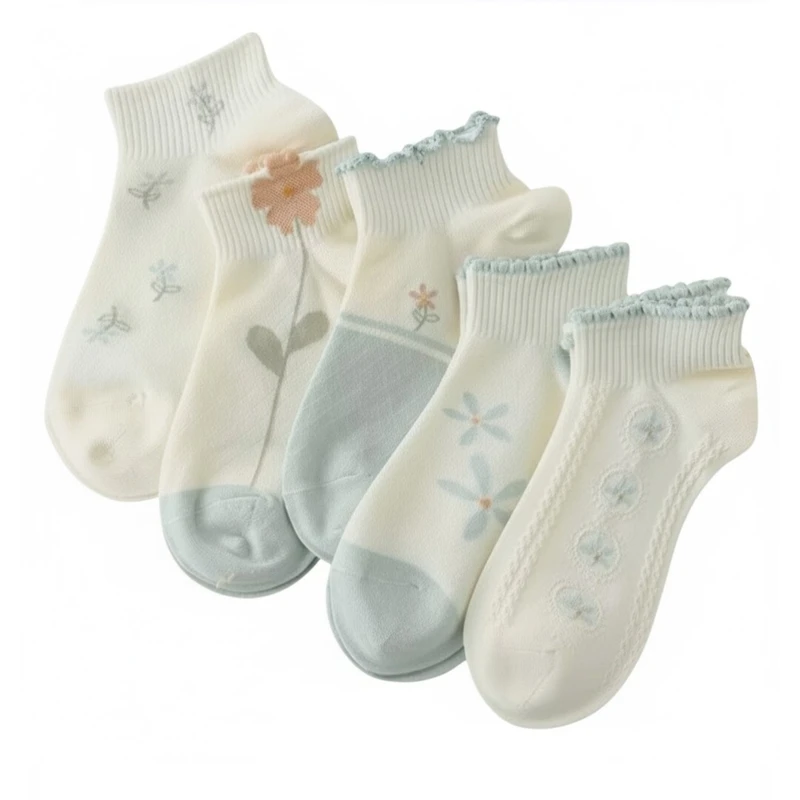 جوراب ساق کوتاه زنانه مدل ترکیبی گل بسته 5 عددی