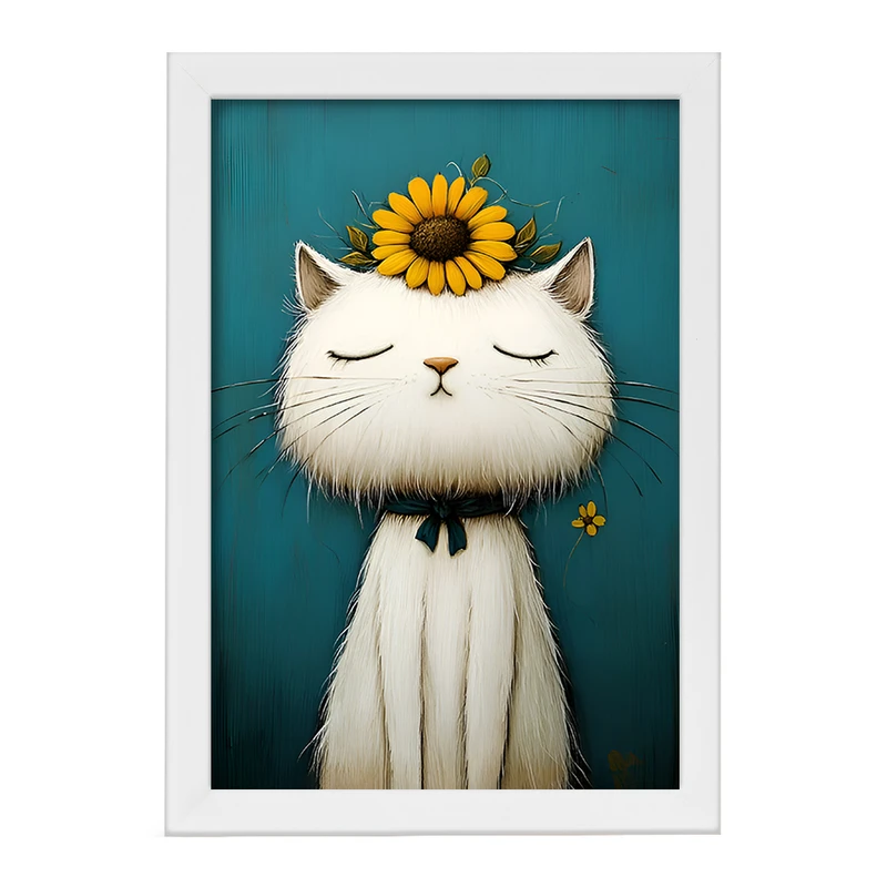 تابلو خندالو مدل گربه و گل آفتابگردان کد F12699