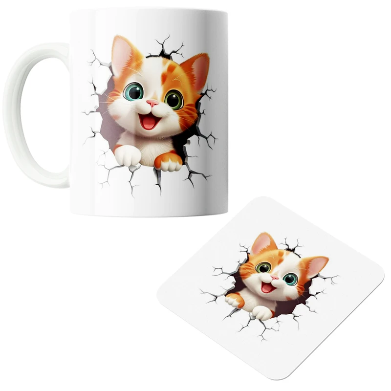 ماگ پاد آفرین مدل گربه بامزه کد z493 به همراه زیر لیوانی