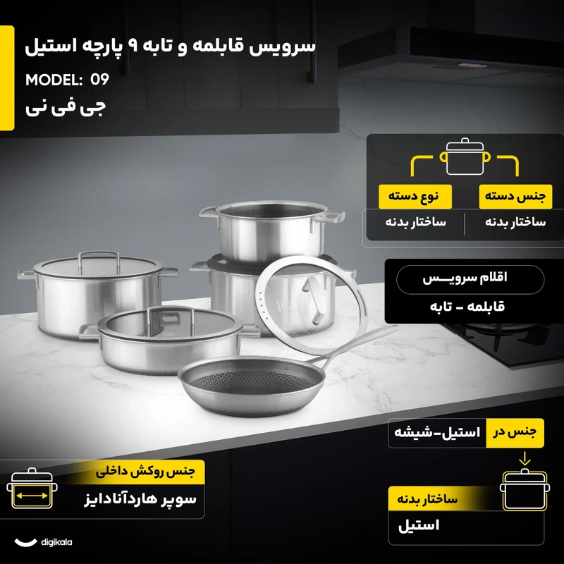 عکس شماره 17 : سرویس قابلمه و تابه 9 پارچه استیل جی فی نی مدل 09