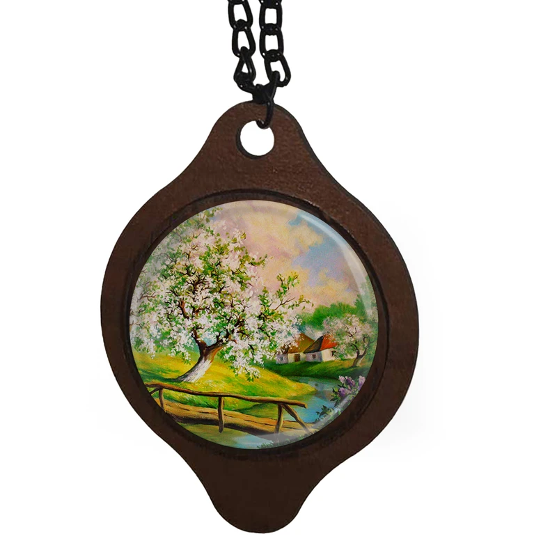 آویز تزیینی خودرو طرح نقاشی رنگ روغن چشم انداز بهاری رودخانه پل و جنگل کد 1040