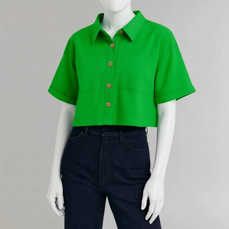 کراپ شومیز آستین کوتاه یقه برگردان زنانه فرایین مدل لینن دوجیب 100847