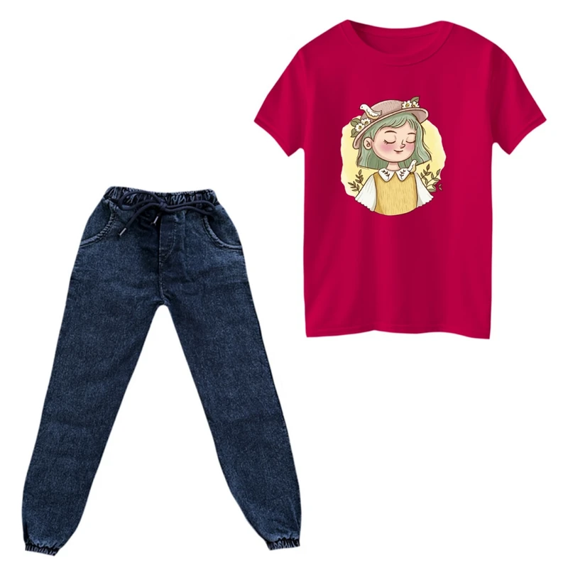 ست تی‌شرت و شلوار دخترانه مدل دختر ناز رنگ سرخابی