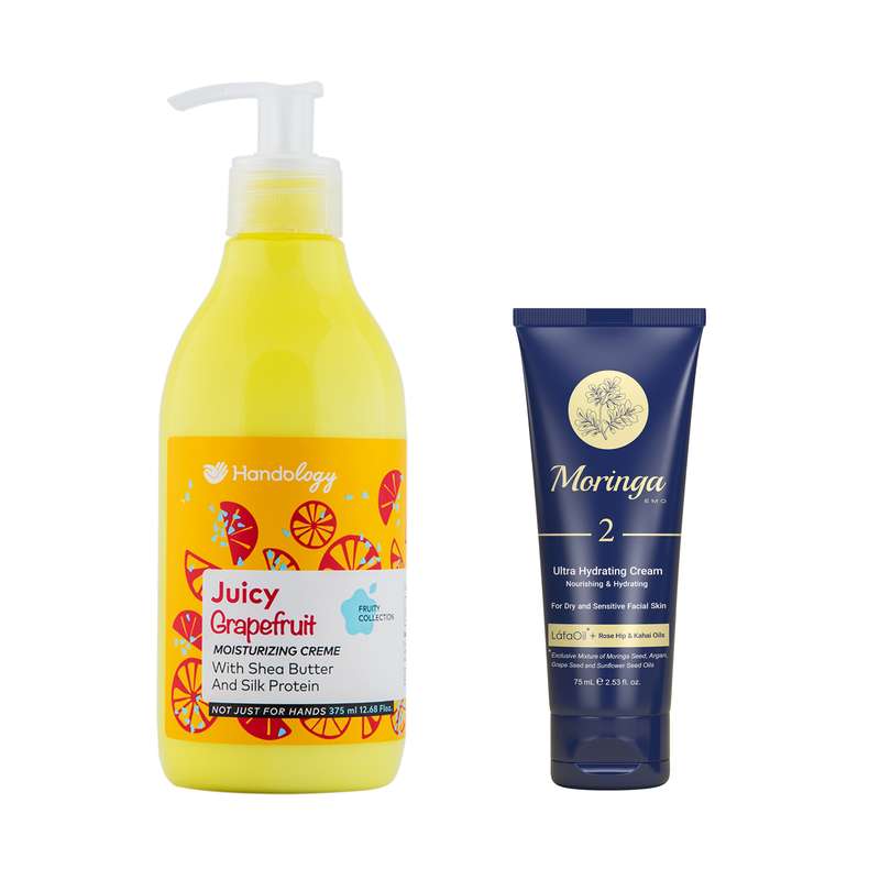 كرم مرطوب کننده هندولوژی مدل Juicy Grapefruit حجم 375 ميلی لیتر به همراه کرم آبرسان مورینگا امو کد UHC2 حجم 75 میلی لیتر