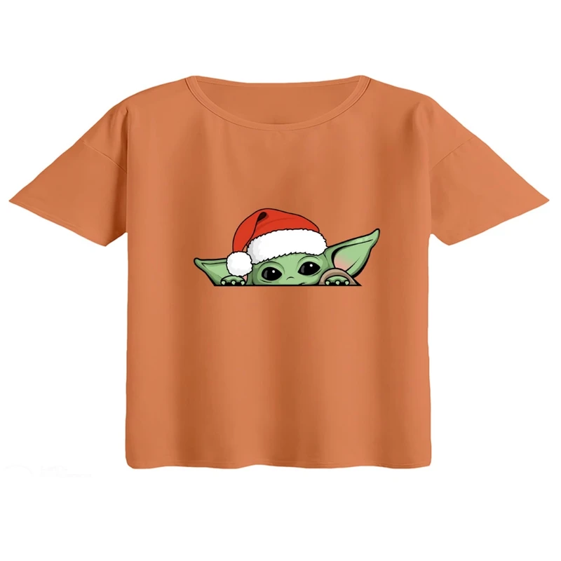 کراپ تی‌شرت آستین کوتاه زنانه مدل بیبی یودا کریسمس کد 5