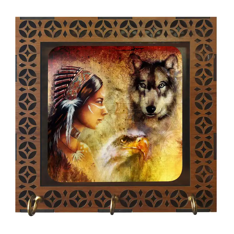 جاکلیدی مدل D1009 طرح نقاشی دختر سرخ پوست و عقاب و گرگ