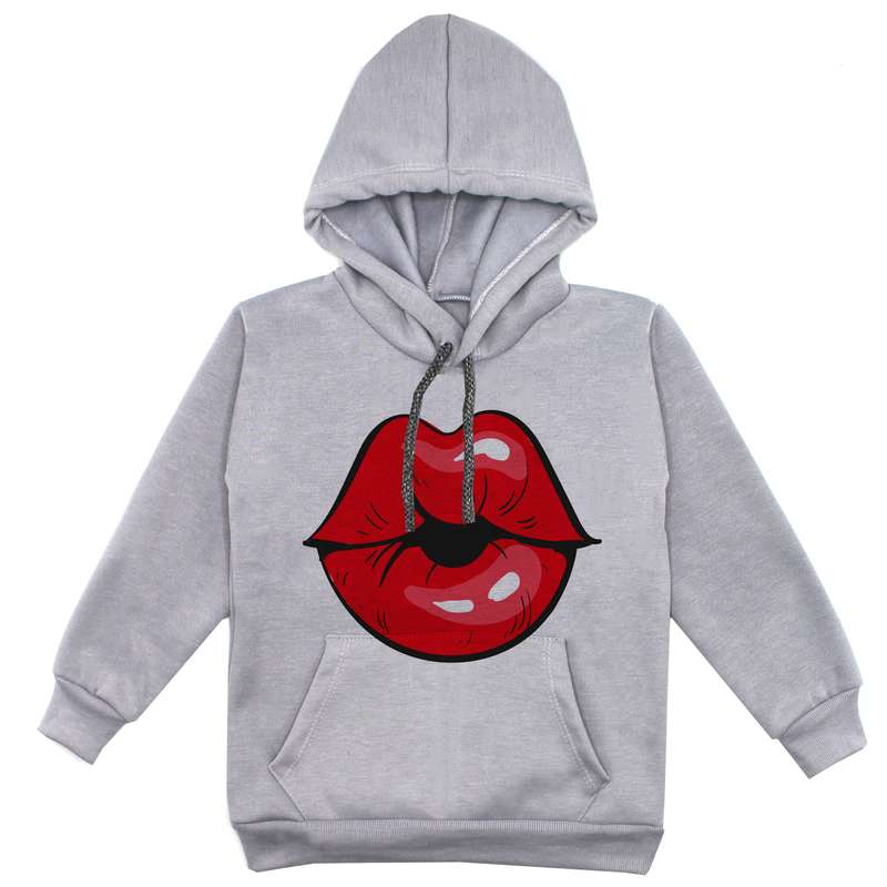 هودی دخترانه مدل لب F44 رنگ طوسی