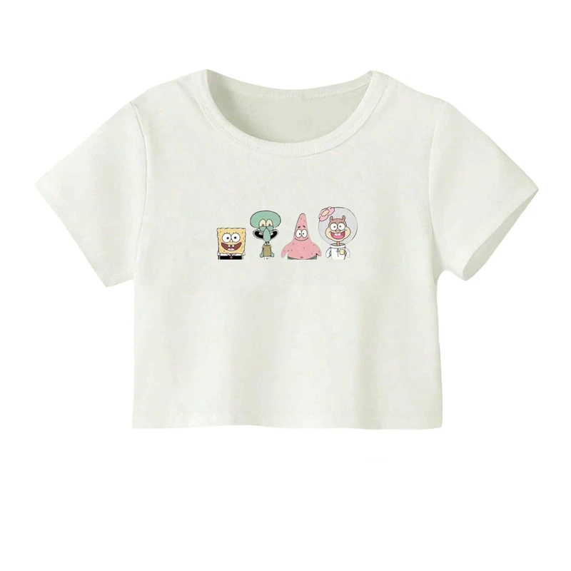 کراپ‌ تی‌شرت آستین کوتاه زنانه مدل باب اسفنجی و دوستان کد۱