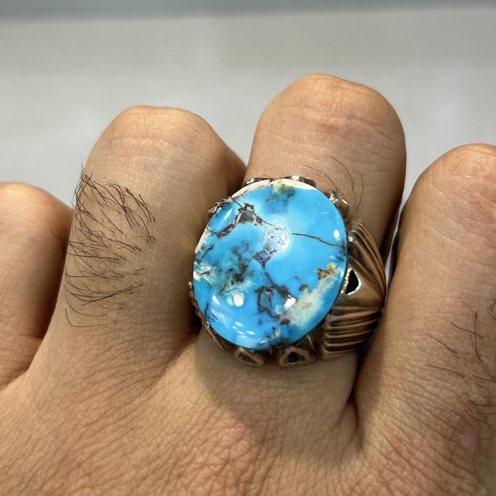 انگشتر نقره مردانه مدل اسپرت نگین فیروزه نیشابوری - - 8