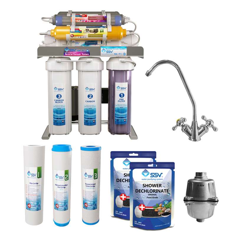 دستگاه تصفیه آب اس اس وی مدل SuperClear 2W X1000 به همراه شیر دستگاه تصفیه کننده و فیلتر دوش و شارژ دوش حمام بسته 2 عددی