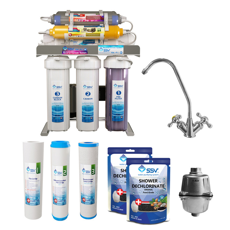 دستگاه تصفیه آب اس اس وی مدل SuperClear 2W X1000 به همراه شیر دستگاه تصفیه کننده و فیلتر دوش و شارژ دوش حمام بسته 2 عددی