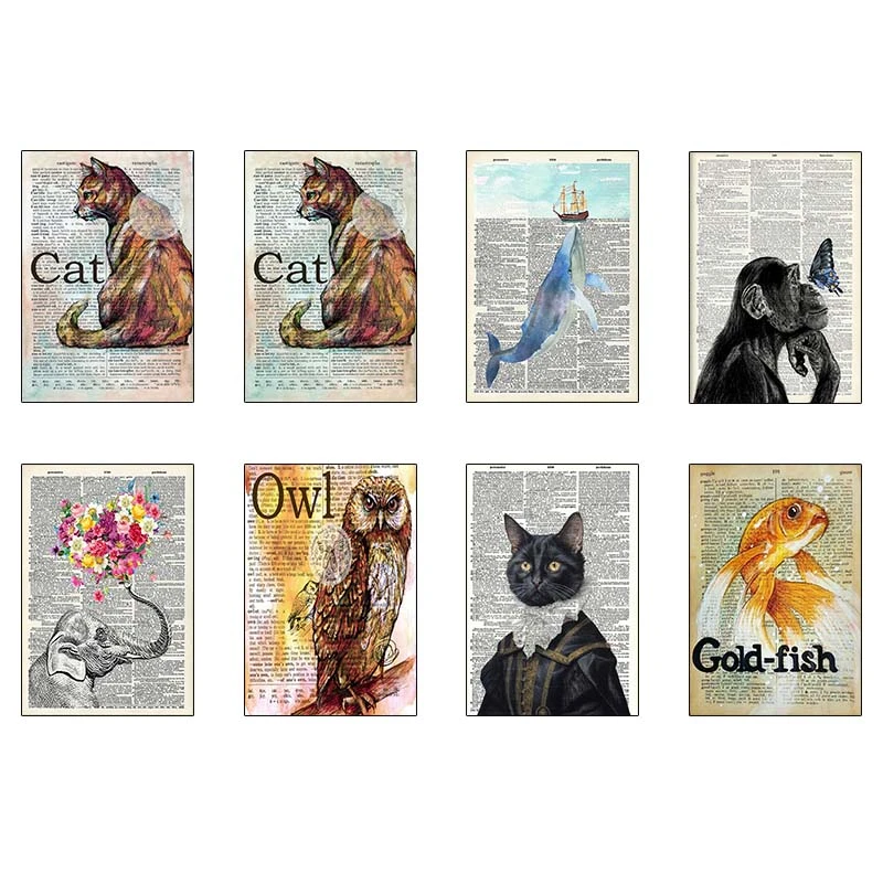 پوستر کارنيکا طرح روزنامه وینتج حیوانات Vintage Newspaper Animals کد 19485 مجموعه 8 عددی