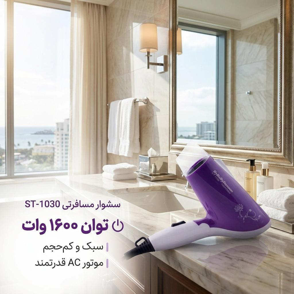سشوار مسافرتی مدل st-1030 با توان 1600 وات، موتور AC، تنظیم دما یک حالته، تنظیم سرعت دو سرعته، صاف‌کنندگی و حجم‌دهندگی، وزن 328 گرم، کاربرد خانگی