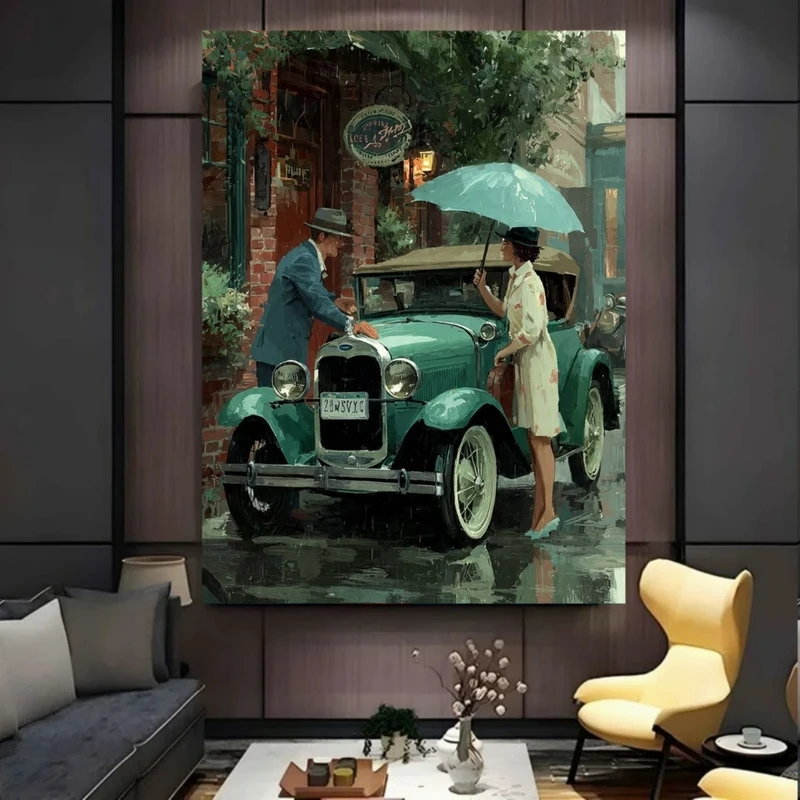 پوستر پارچه ای طرح مخمل  نوستالژیک مدل ماشین کلاسیک قدیمی کد PY1130