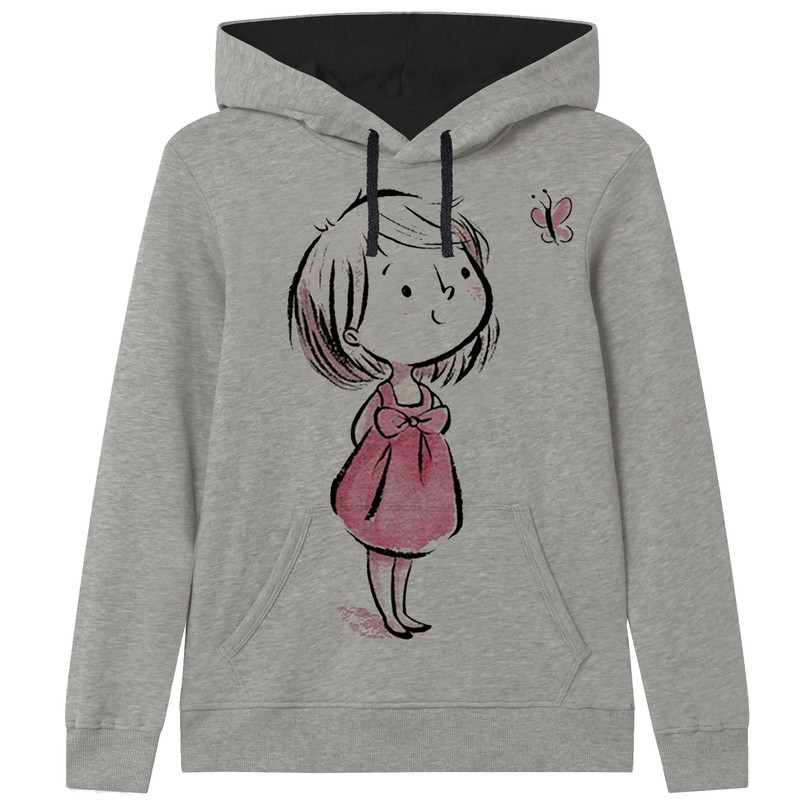 هودی دخترانه مدل دختر و پروانه کد ZJ195 رنگ طوسی