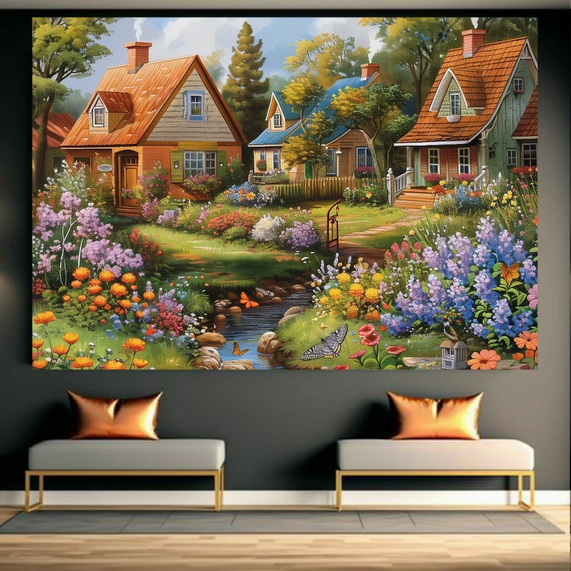 تابلو بوم طرح نقاشی خانه در میان دشت گل کد FP104886