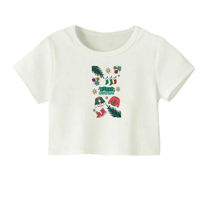 کراپ‌ تی‌شرت آستین کوتاه زنانه مدل کریسمس کد 08