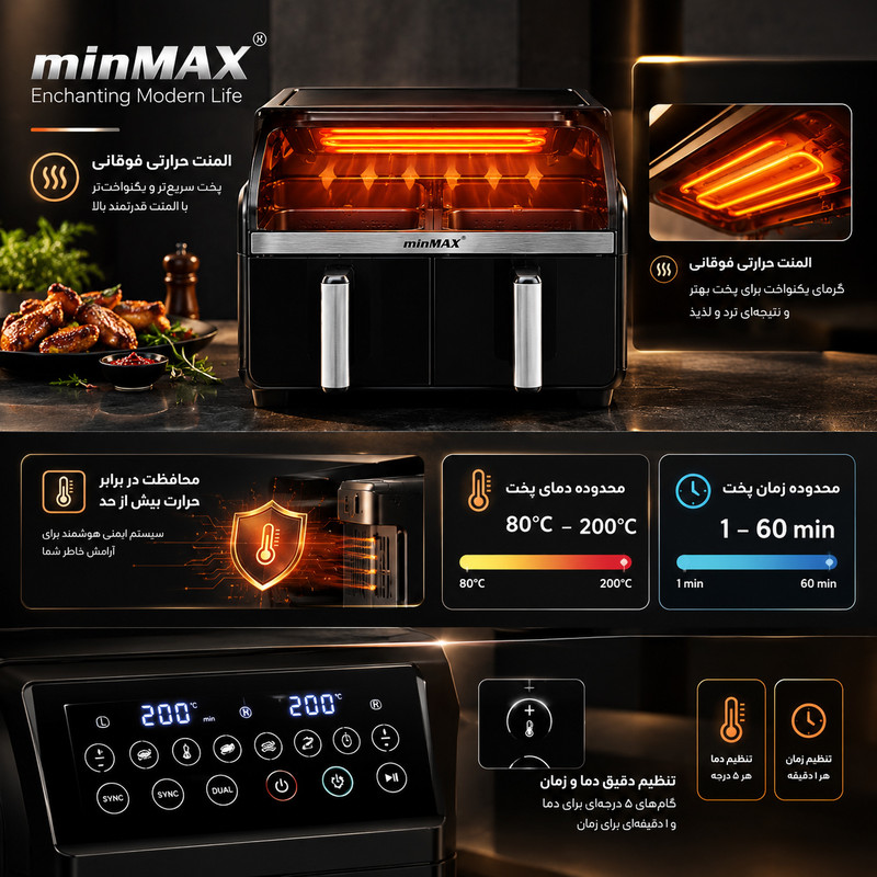 سرخ‌کن بدون روغن(هواپز) 12 لیتری مین‌مکس مدل MNF-9919E دو سبده با پنل دیجیتال، 10 برنامه پخت، تنظیم جداگانه دما و زمان برای هر محفظه، قابلیت SYNC و MATCH، 2400 وات
