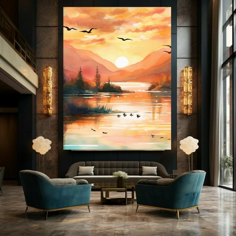 تابلو بوم طرح دریاچه و پرندگان مدل غروب خورشید کد GR1584