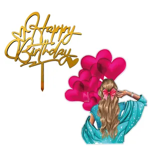  تاپر تزیین کیک مدل دختر و بادکنک صورتی کد t5 مجموعه 2 عددی