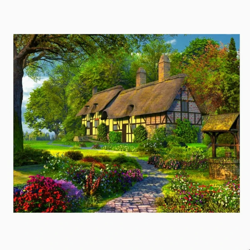 کاغذ دیواری طرح روستای سرسبز مدل کلبه چوبی کد K124