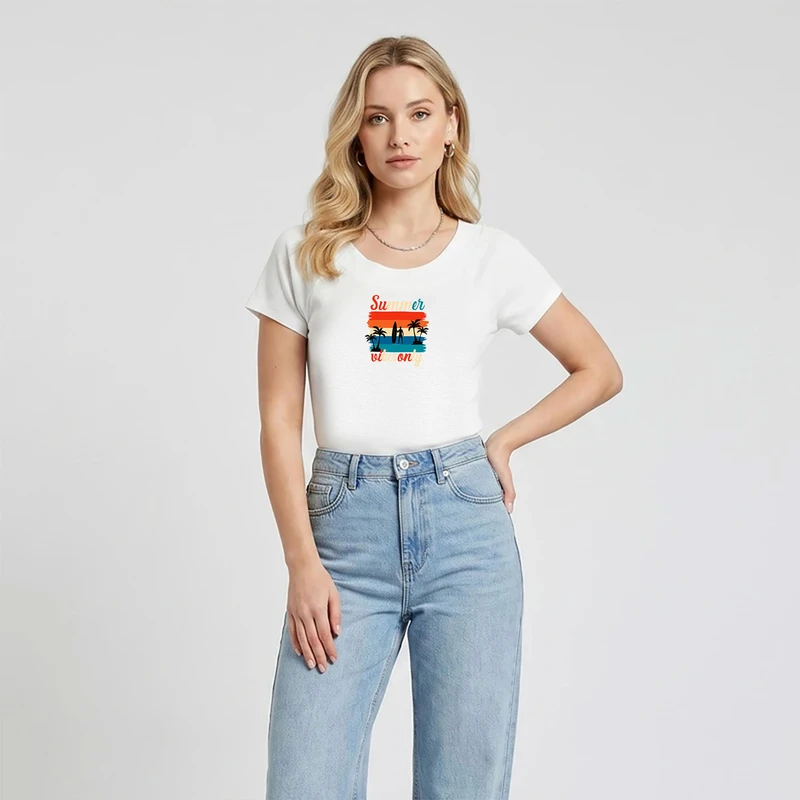 تی شرت آستین کوتاه زنانه تابستانی طرح Summer Vibe کد WH.1083