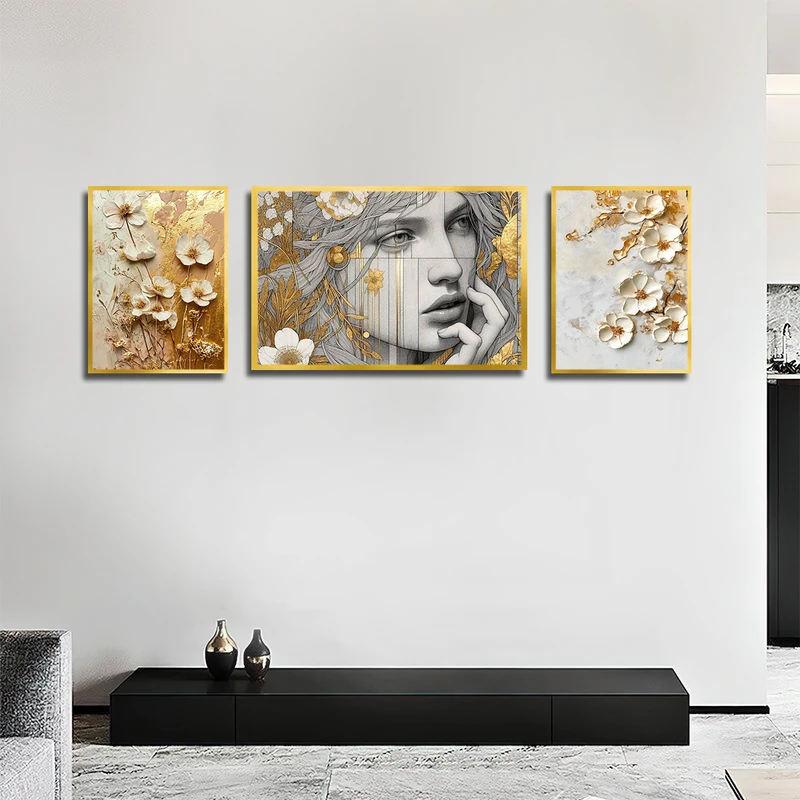 تابلو بکلیت طرح نقاشی رنگ روغن گل و چهره مدل T-3337 فریم طلایی مجموعه 3 عددی