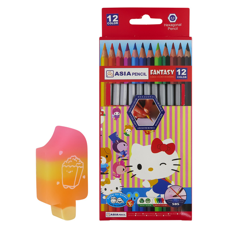 مداد رنگی 12 رنگ آسیا طرح پیشی کد 6458 به همراه پاک کن
