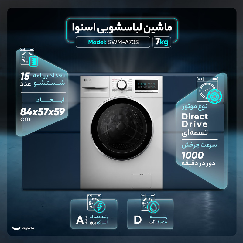 ماشین لباسشویی 7 کیلوگرم اتوماتیک اسنوا مدل SWM-A70S ماشین لباسشویی 7 کیلوگرم اتوماتیک اسنوا مدل SWM-A70S