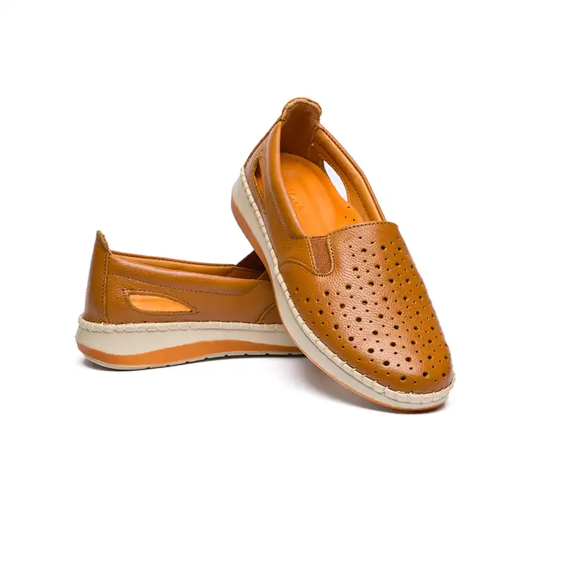 کفش روزمره زنانه مدل آنیس تابستانی تمام چرم رنگ عسلی