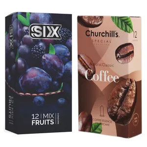 کاندوم چرچیلز مدل Coffee بسته 12 عددی به همراه کاندوم سیکس مدل میوه ای بسته 12 عددی 