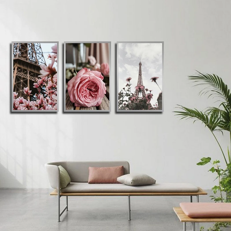 تابلو بکلیت طرح منظره برج ایفل و گل مدل SI-3911 فریم نقره ای مجموعه 3 عددی
