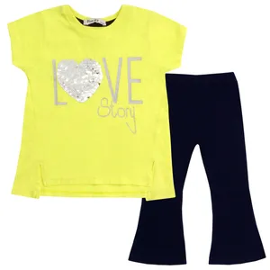 ست تی شرت و شلوار دخترانه مدل Love Story رنگ زرد