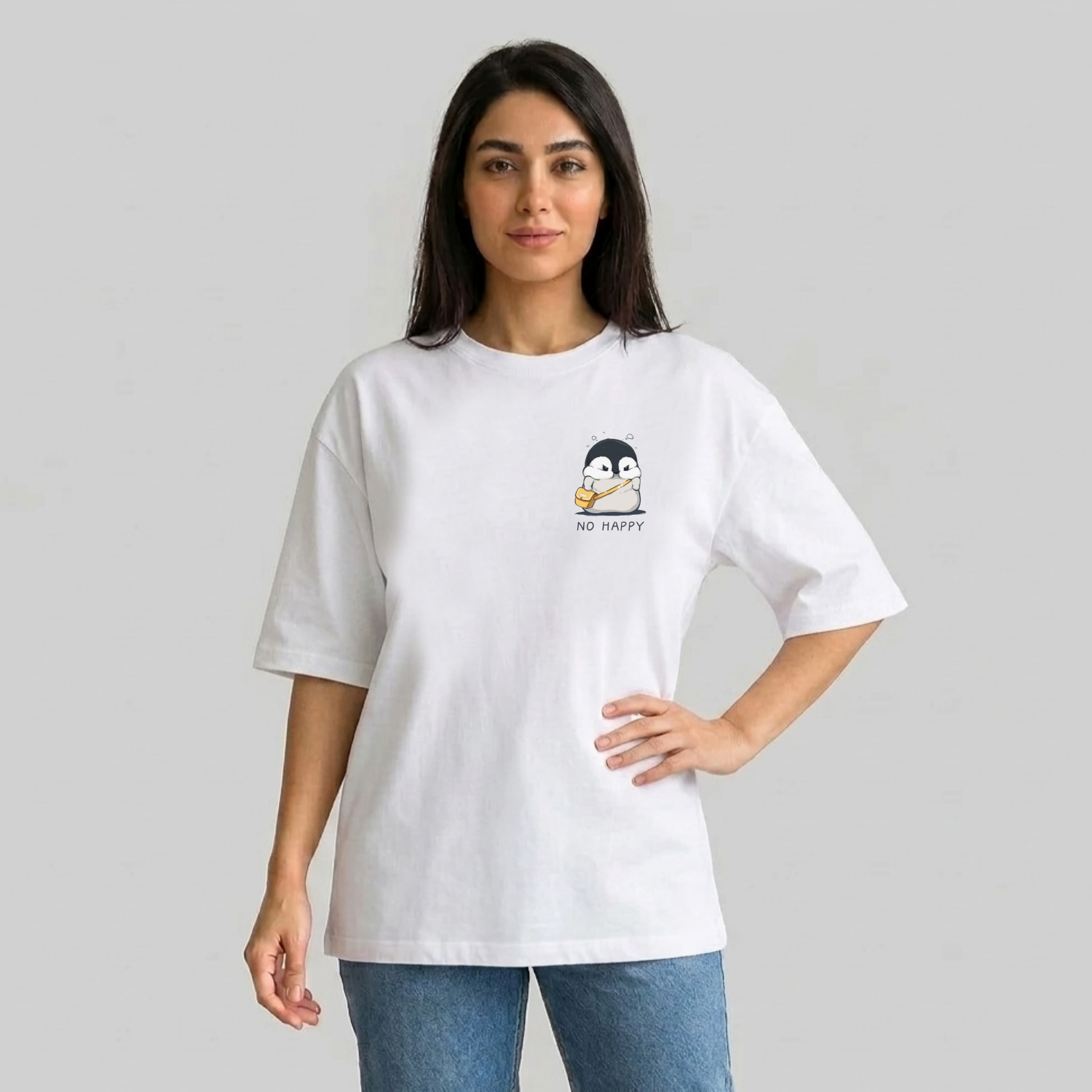 تی شرت آستین سه ربع زنانه مدل باکسی طرح پنگوئن کد v14