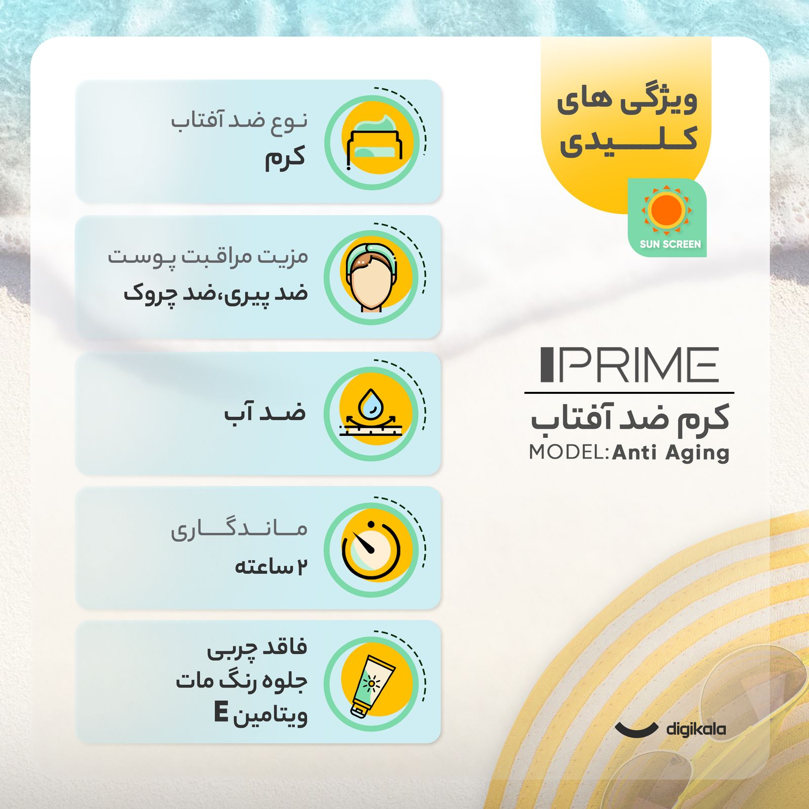 کرم ضدآفتاب بدون رنگ پرایم مدل Anti Aging SPF50، حجم 40 میلی‌لیتر -  - 15