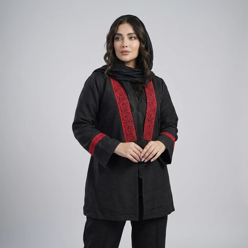 مانتو جلوباز زیر باسن زنانه مدل سوزندوزی بلوچی گل