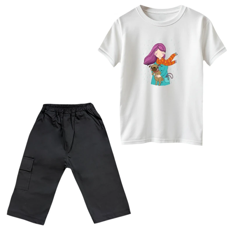 ست تی‌شرت و شلوارک دخترانه مدل دختر و سگ رنگ سفید 