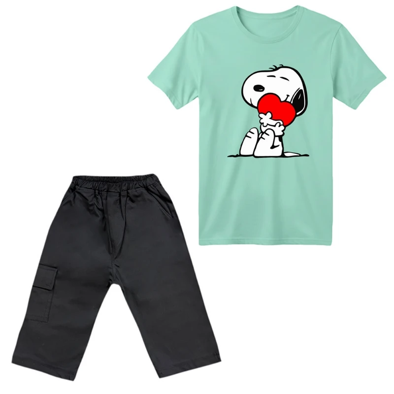 ست تی‌شرت آستین کوتاه و شلوارک دخترانه مدل اسنوپی کد ۳ رنگ سبز روشن