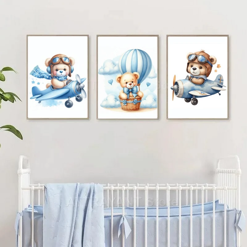 تابلو بکلیت دکوراتیو طرح اتاق کودک و خرس کوچولو مدل SI-MR-1040 مجموعه 3 عددی فریم نقره ای