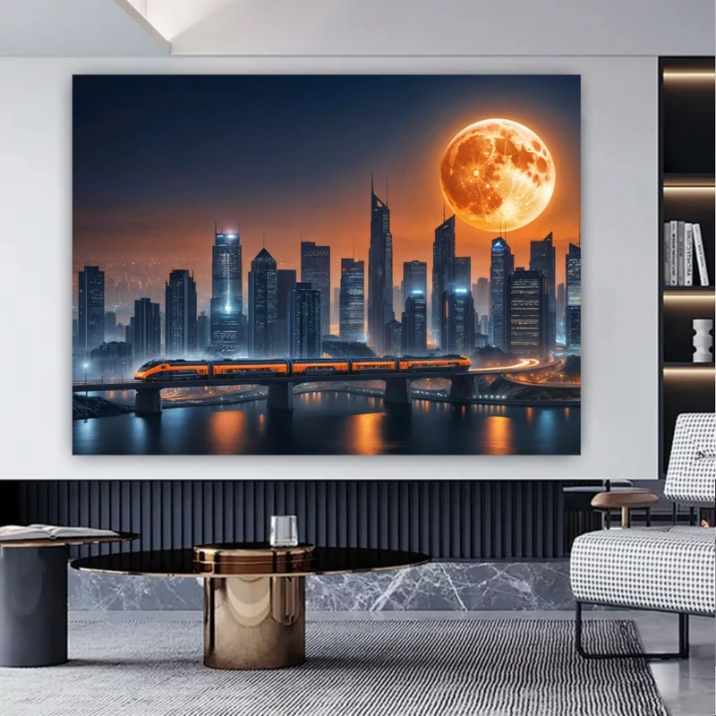پوستر پارچه ای طرح مخمل ماه کامل مدل شهر سایبرپانک کد FP106465