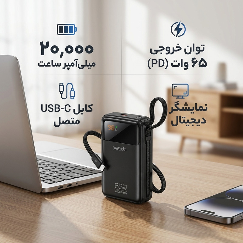 پاور بانک 65 وات یسیدو مدل YP97 PD ظرفیت 20000 میلی آمپر ساعت